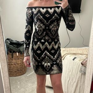 Elegant Black, Gold, and Silver Off-Shoulder Sequin Dress